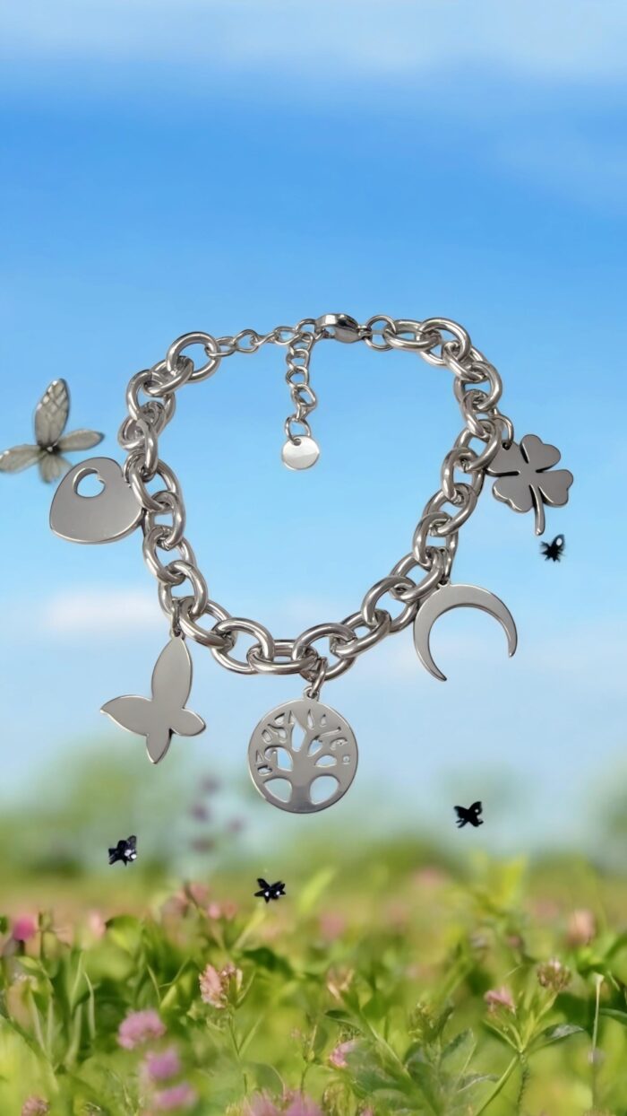 Bracciale In Acciaio Cuore Farfalla Albero Vita e Quadrifoglio Luna - Chic mode germogli