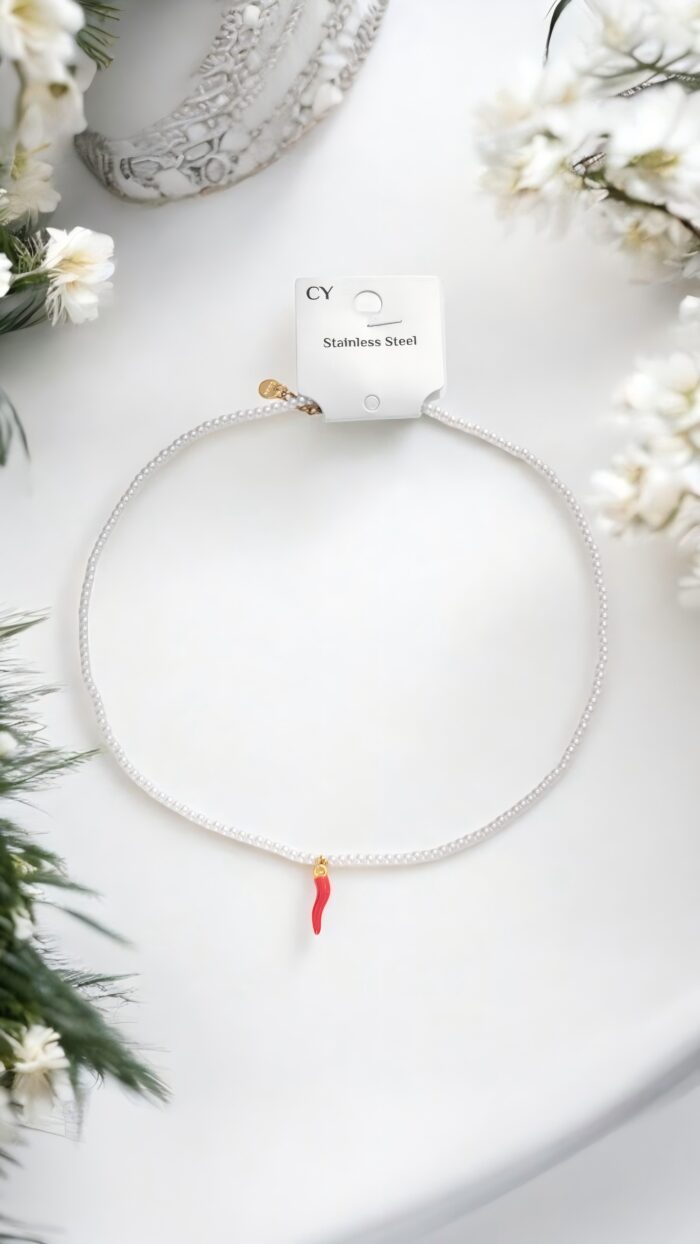 Bracciale Pendente Corno Con Catena A Perle