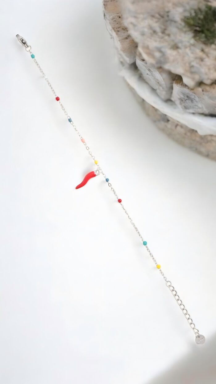 Bracciale Pendente Corno Con Catena Colorata Argento - Chic mode germogli