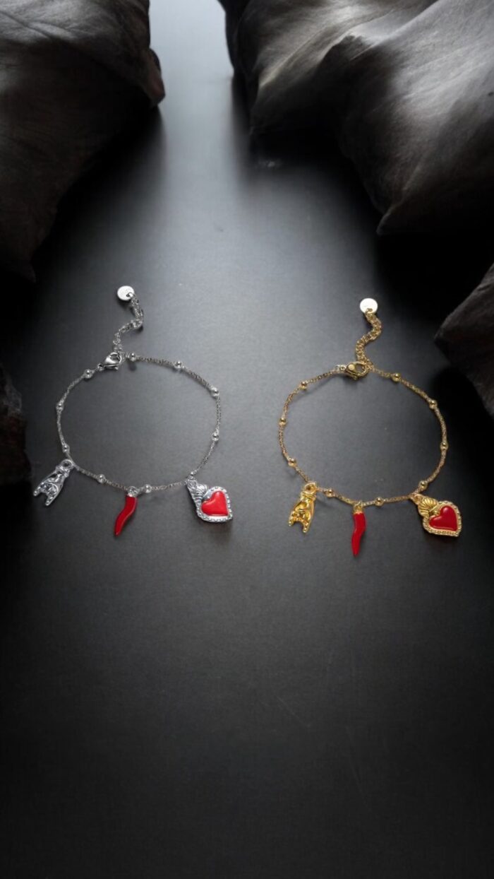 Bracciale In Acciaio Cuore Rosso Corno Mano Chic Mode Germogli