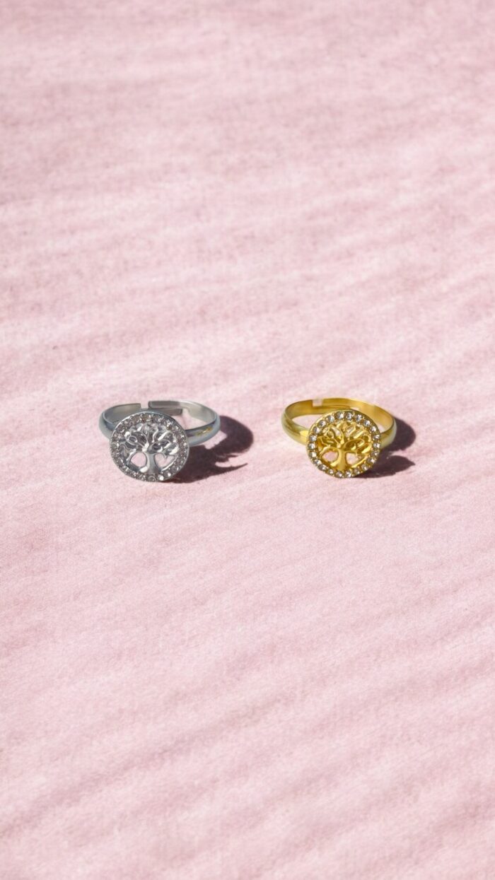 Anello in Acciaio Inox Albero della Vita con Brillantini