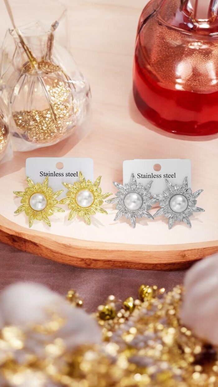 Orecchini In Acciaio A Forma Sole Radiante Con Perla Chic Mode Germogli