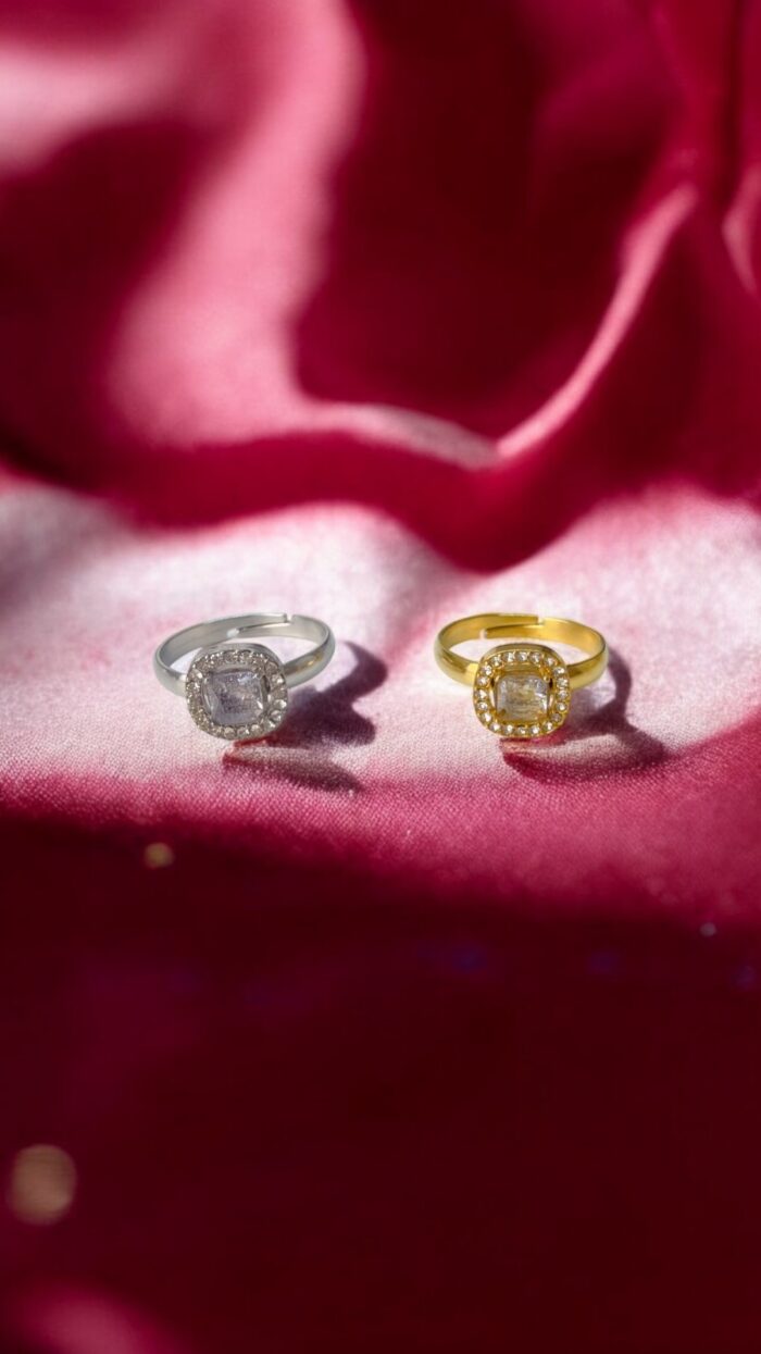 Anello In Acciaio Vetro Quadrato Con Brillantini