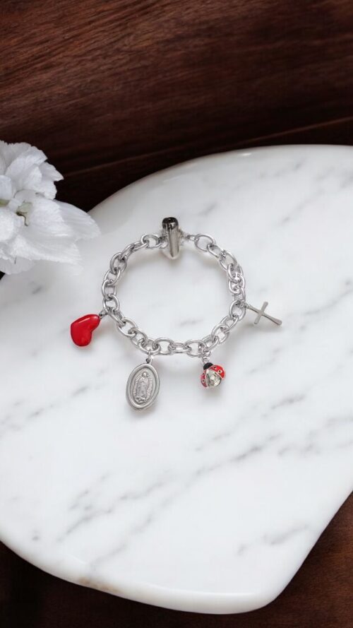 Bracciale In Acciaio Inox Cuore Madonna Croce e Coccinella