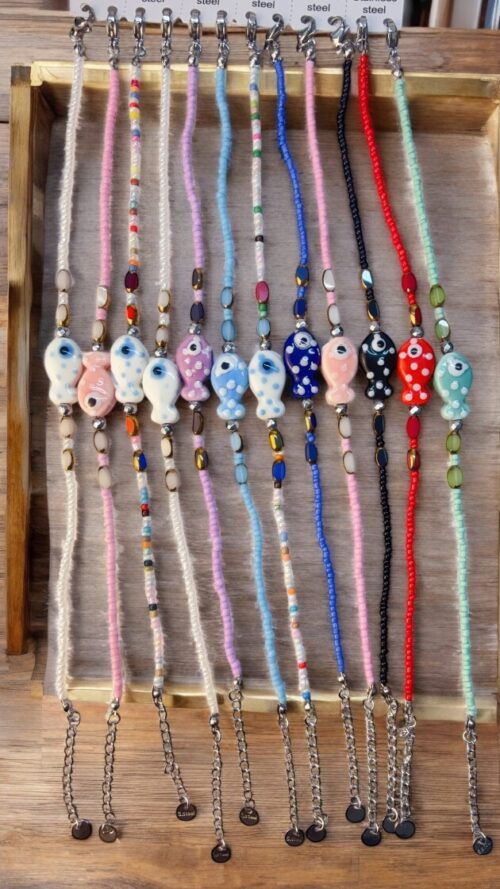 Cavigliera Catena Argento Con Perline e Pietre con Pesce - Vari Colori