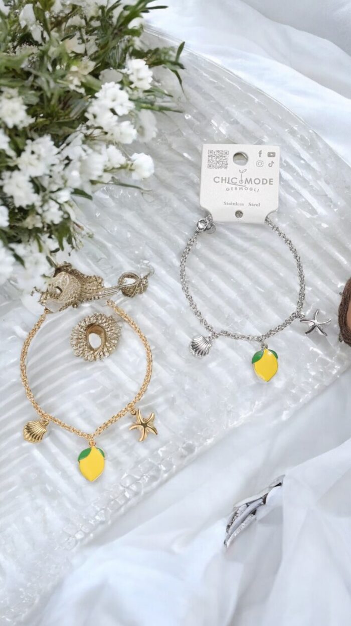 Bracciale In Acciaio Conchiglia, Limone e Stella Marina - Finitura Argento ed Oro