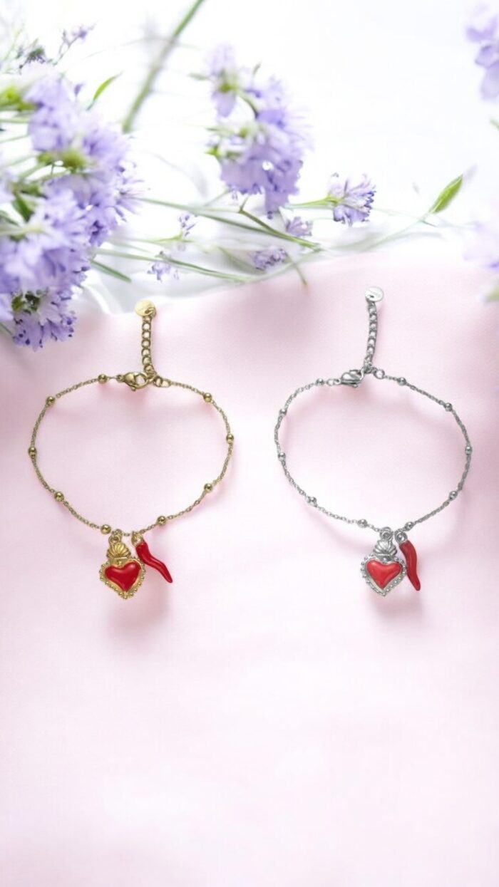 Bracciale In Acciaio Cuore e Corno - Finitura Argento ed Oro