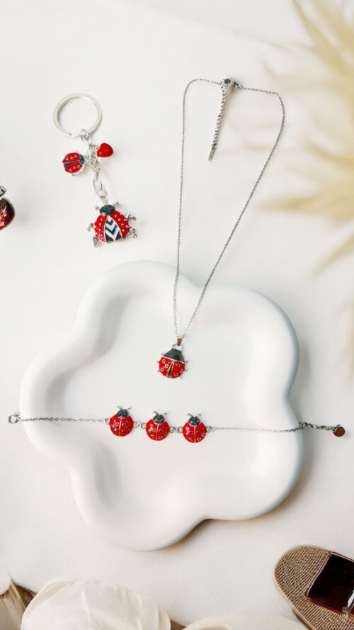 Set Trendy Collana, Bracciale e Portachiavi con Coccinelle