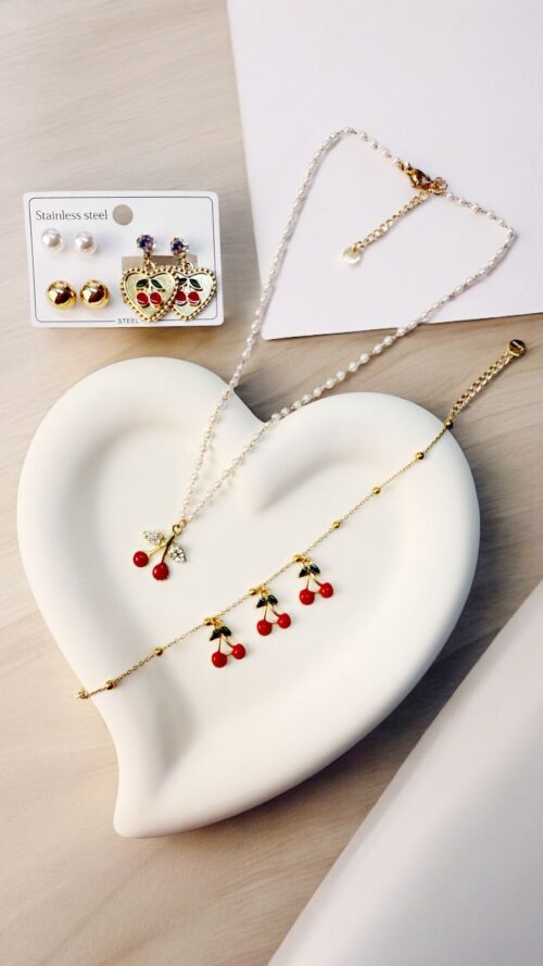 Set Trendy Collana, Bracciale e Orecchini con Ciliegie