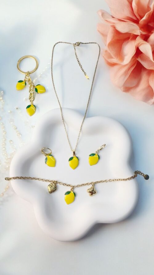 Set Trendy Collana, Bracciale e Portachiavi con Limoni