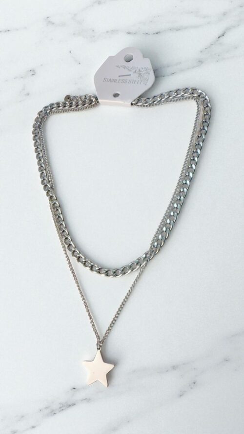 Collana Doppia in Acciaio con Stella SA-1 - Finitura Argento