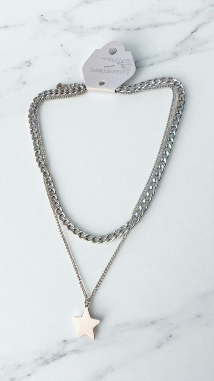 Collana Doppia in Acciaio con Stella SA-1 - Finitura Argento