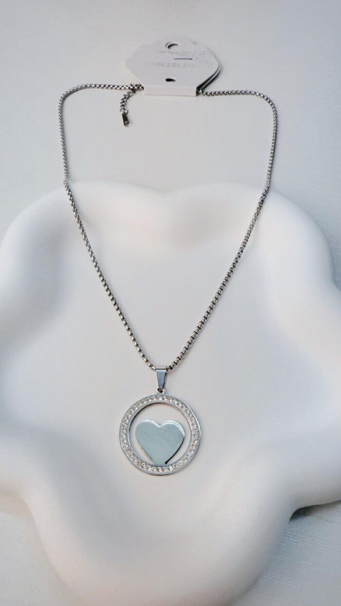 Collana in Acciaio con Cuore e Cerchio CCA-1 - Finitura Argento